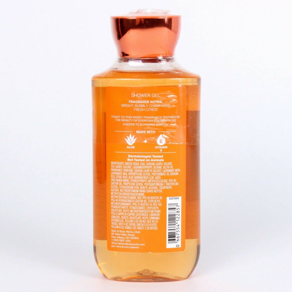 Bath & Body Works Sunshine Mimosa Shower Gel close-up label shows citrus notes and premium shower experience.
