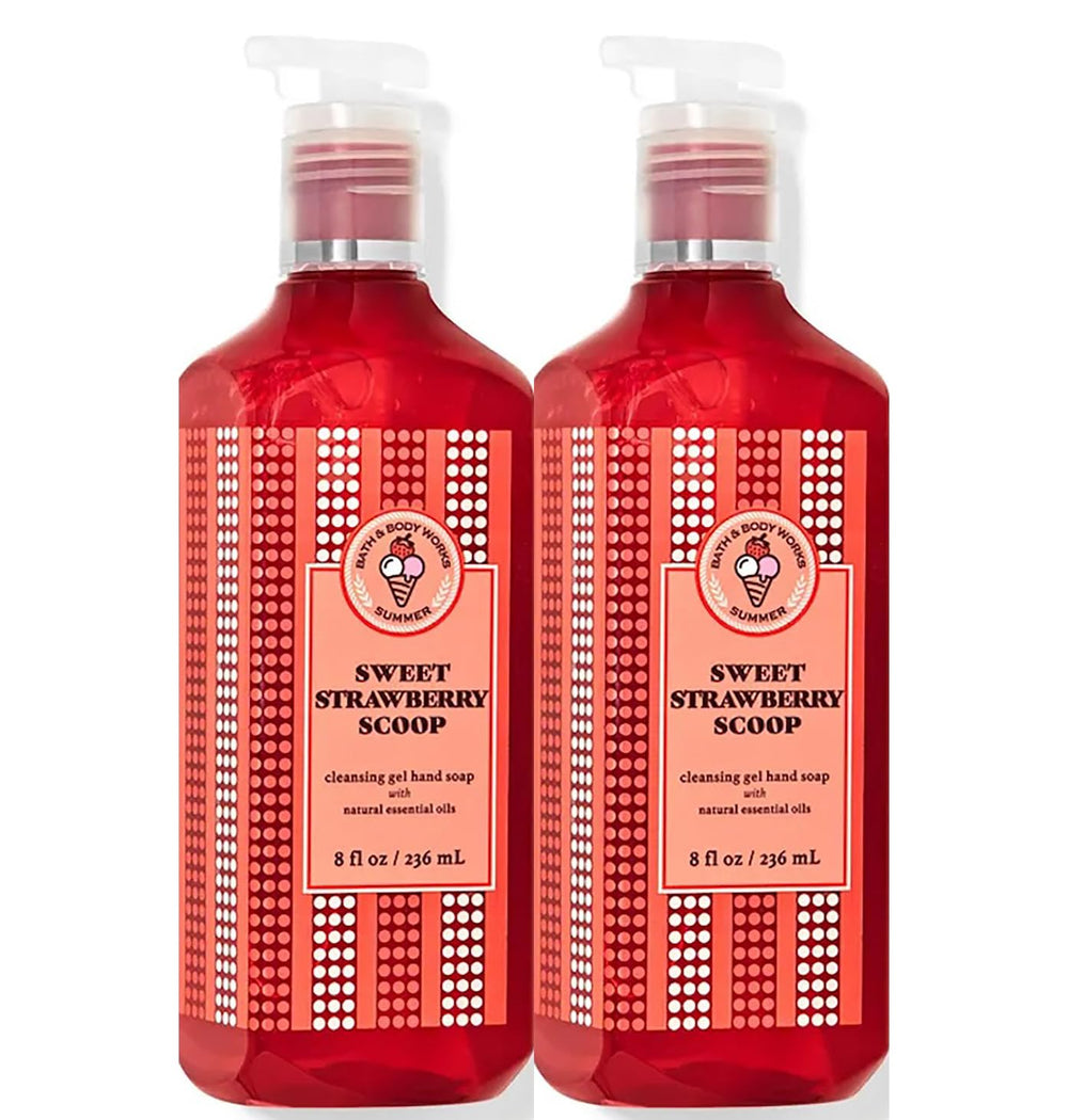 Bath & Body Works Sweet Strawberry Scoop hand soap bottle releasing creamy lather for daily cleansing.