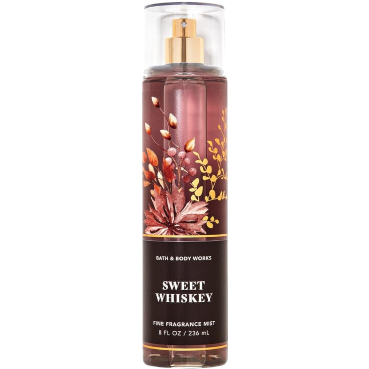 Bath & Body Works Sweet Whiskey body spray bottle showing easy-to-use pump for light coverage.