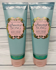 Close-up of Bath & Body Works Sweetest Song cream jar showing rich texture for quick moisturization.