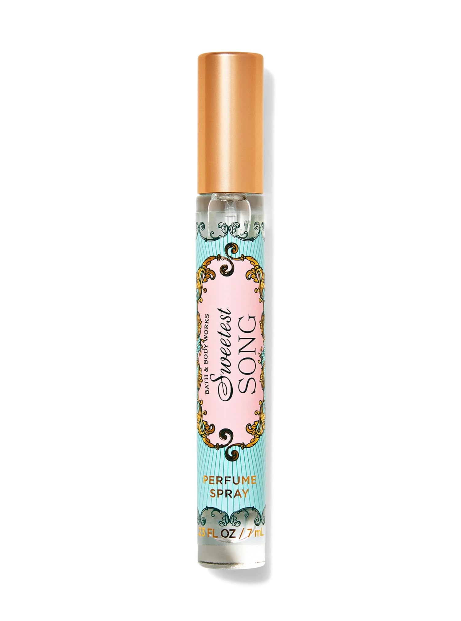Bath and Body Works Sweetest Song mini perfume spray on vanity, offering a lasting fragrance.