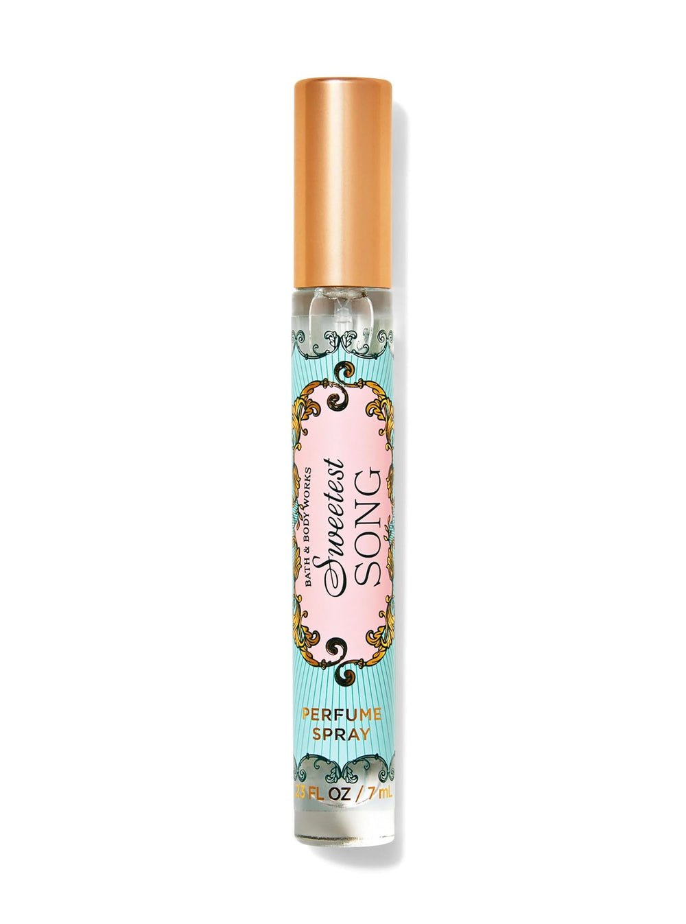 Bath and Body Works Sweetest Song mini perfume spray on vanity, offering a lasting fragrance.