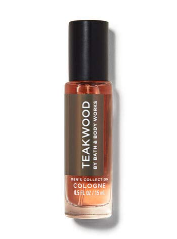 Bath & Body Works Teakwood mini cologne bottle showing mahogany and teakwood notes for on-the-go fragrance