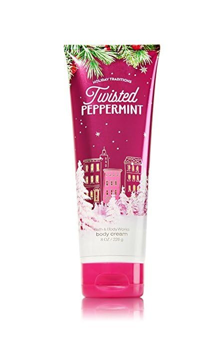 Bath and Body Works Twisted Peppermint 8 oz tube with festive holiday packaging.