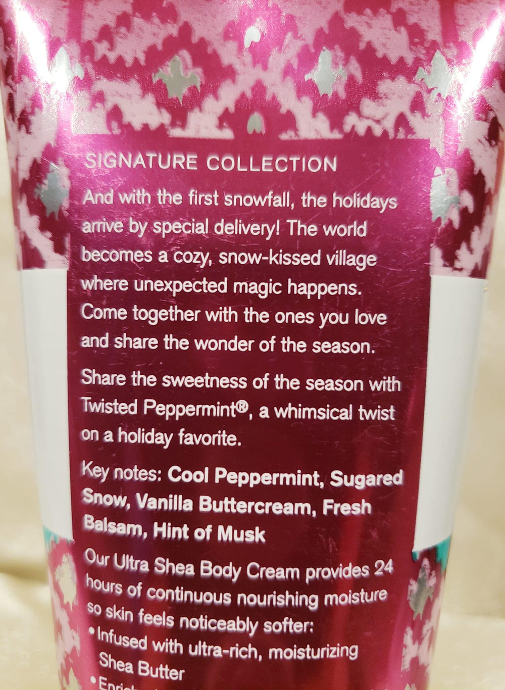Bath and Body Works Twisted Peppermint 8 oz tube on bathroom shelf for daily ritual.