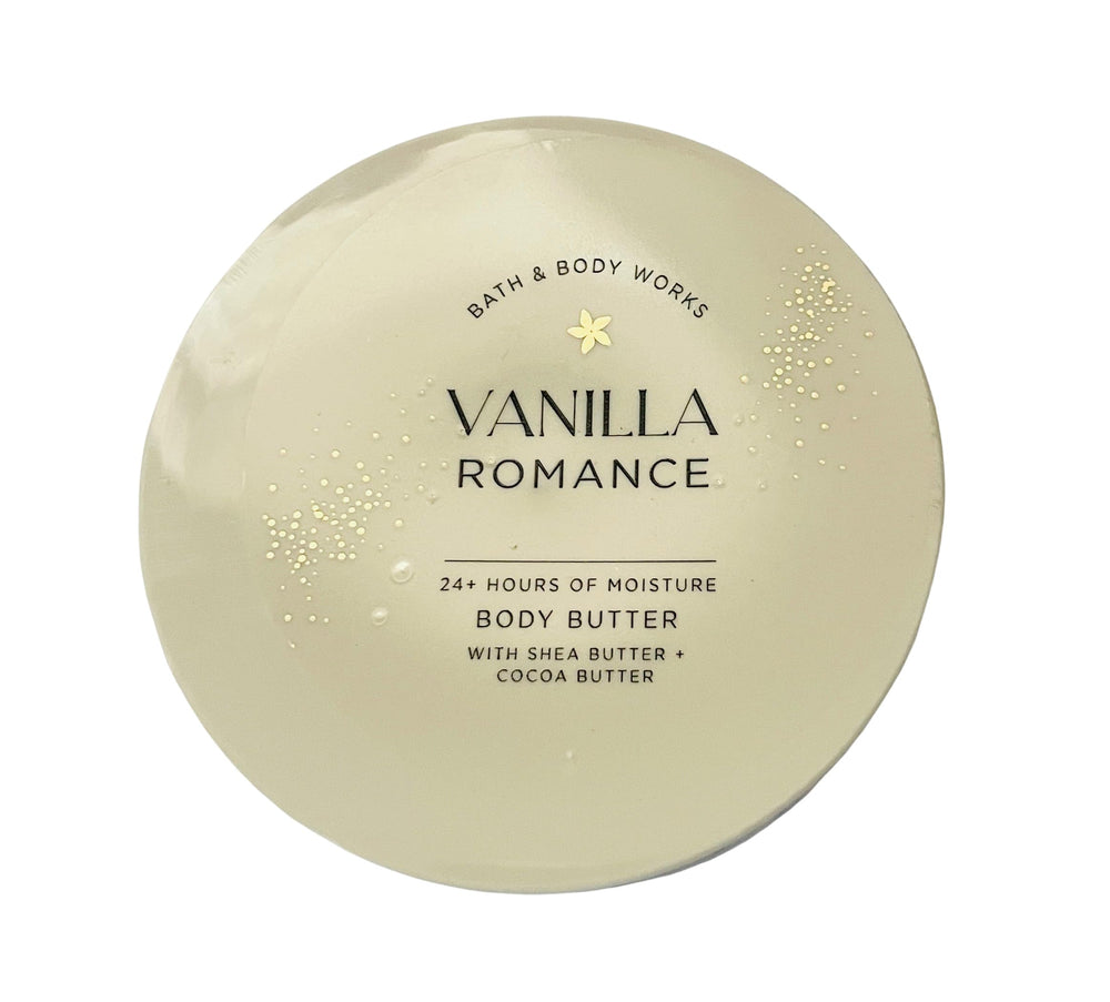 Bath and Body Works Vanilla Romance whipped body butter jar showing rich texture for lasting moisture.