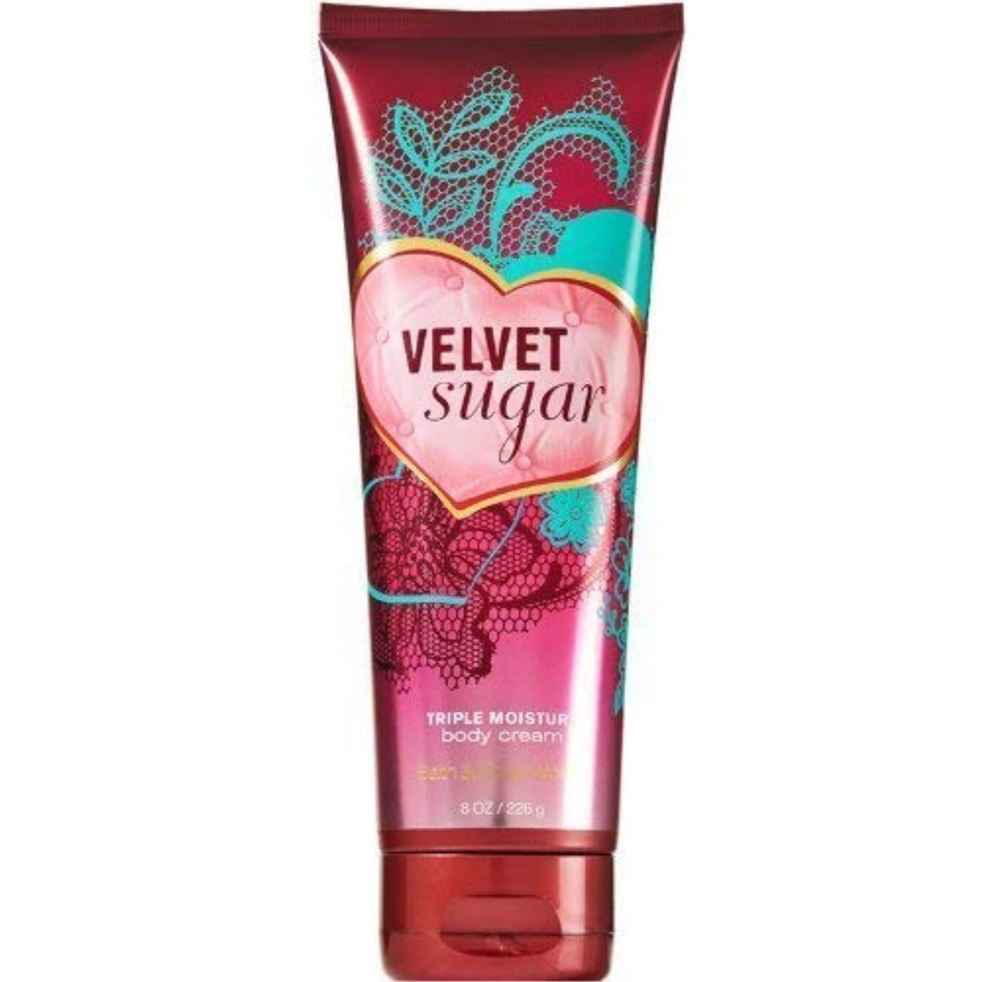 Bath and Body Works Velvet Sugar cream jar label display highlights premium branding.