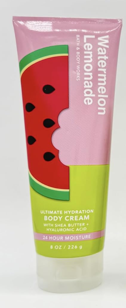 Close-up of Bath and Body Works Watermelon Lemonade cream bottle showing creamy texture.