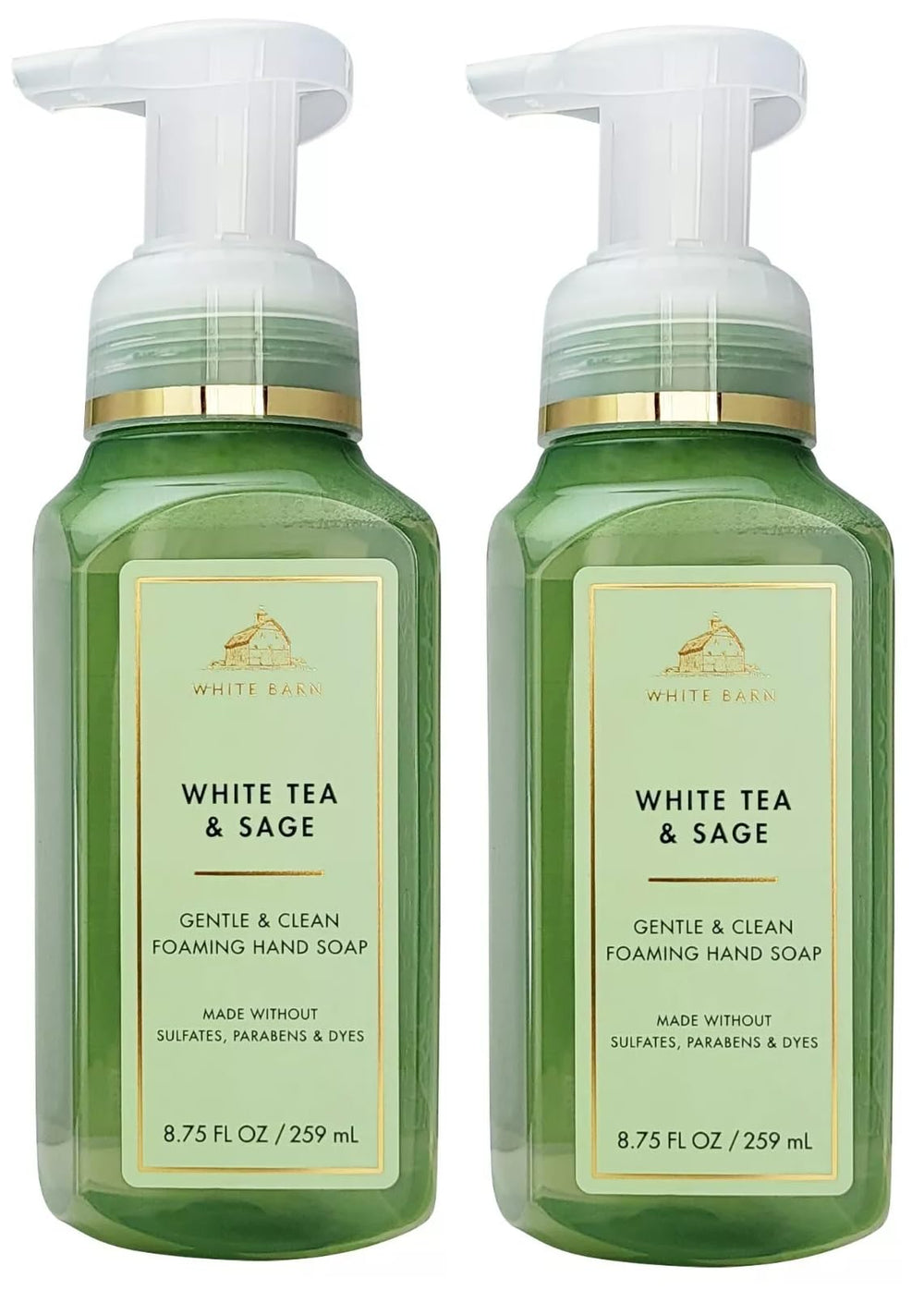 Bath & Body Works White Tea & Sage gentle foaming hand soap two-pack bottles for daily cleansing.