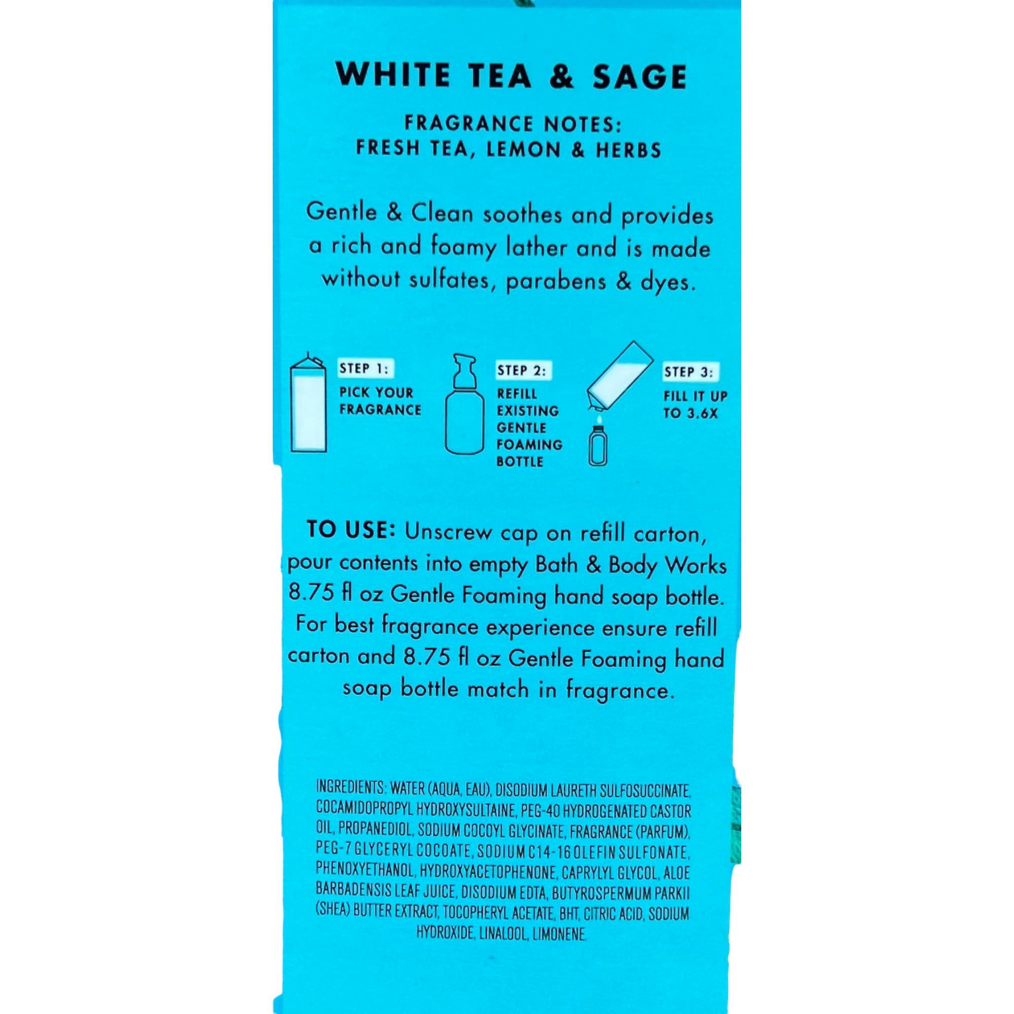 Bath & Body Works White Tea & Sage refill label on a large 32 oz bottle.