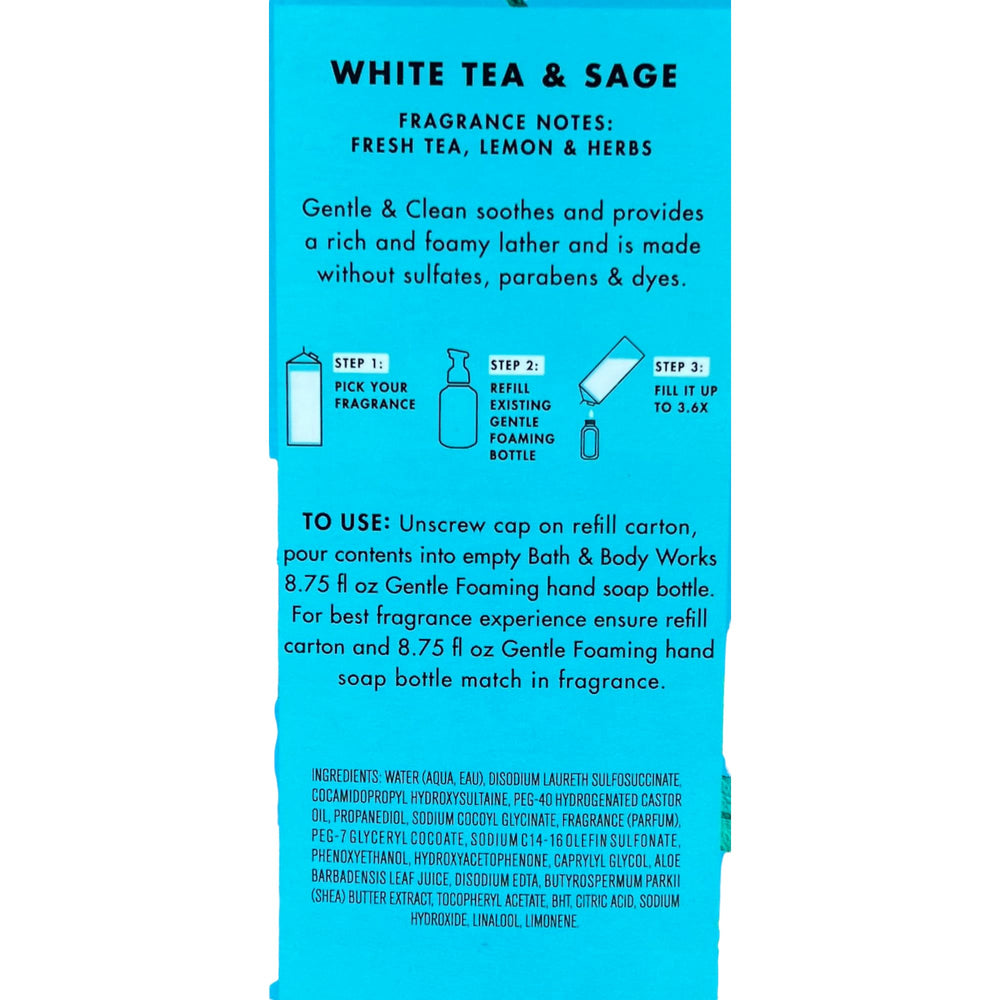 Bath & Body Works White Tea & Sage refill label on a large 32 oz bottle.