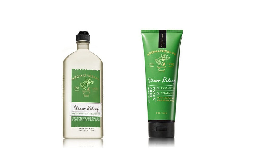 Bath & Body Works Aromatherapy Stress Relief bottle with eucalyptus and spearmint for calming showers