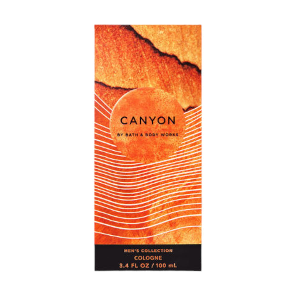 Bath & Body Works Canyon bottle back view highlights a rugged, woodsy scent.