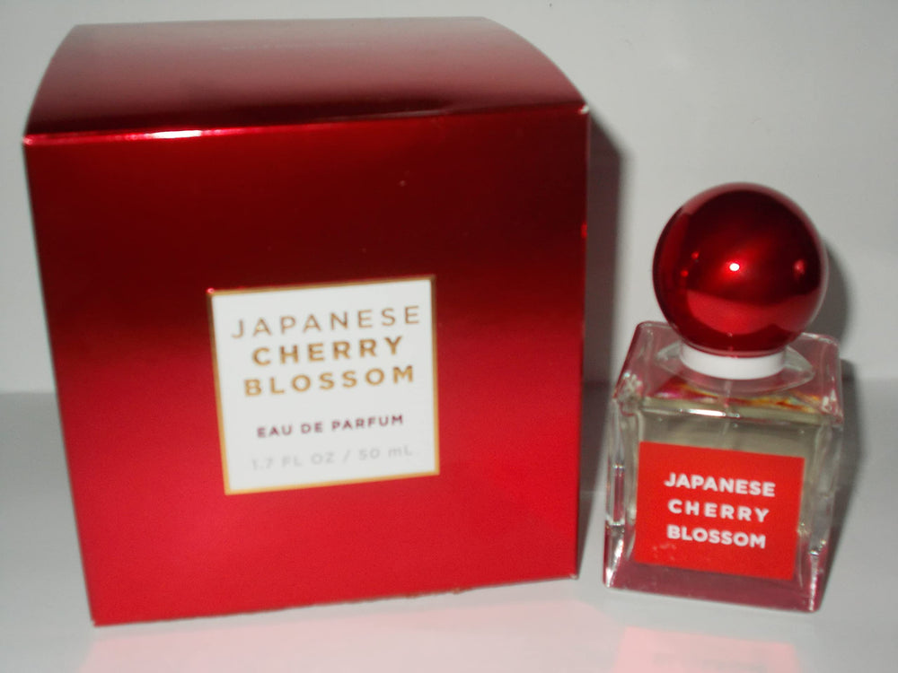 Bottle and box on a dresser, timeless signature Bath & Body Works Japanese Cherry Blossom EDP.