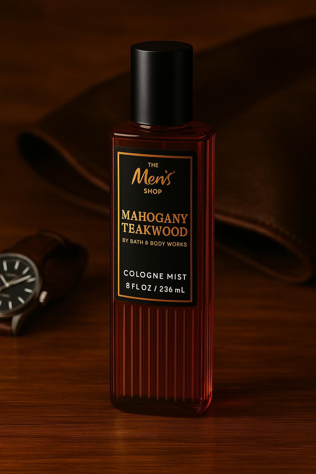 Bath & Body Works Mahogany Teakwood Cologne Mist spray showing even mist delivery for all-day freshness.