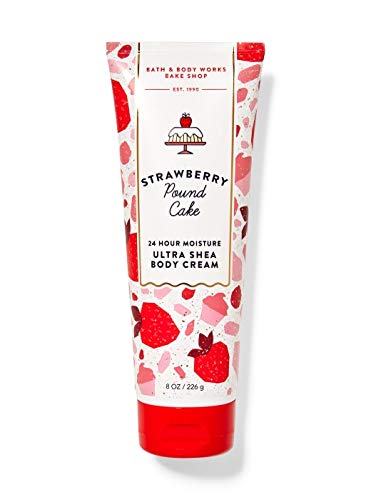 Bath & Body Works Strawberry Pound Cake cream bottle, moisturizing formula for soft, comfortable skin.