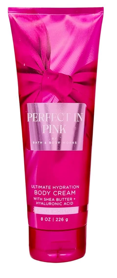 Bath & Body Works Ultimate Hydration Body Cream Perfect in Pink bottle, fast-absorbing moisture for soft skin.