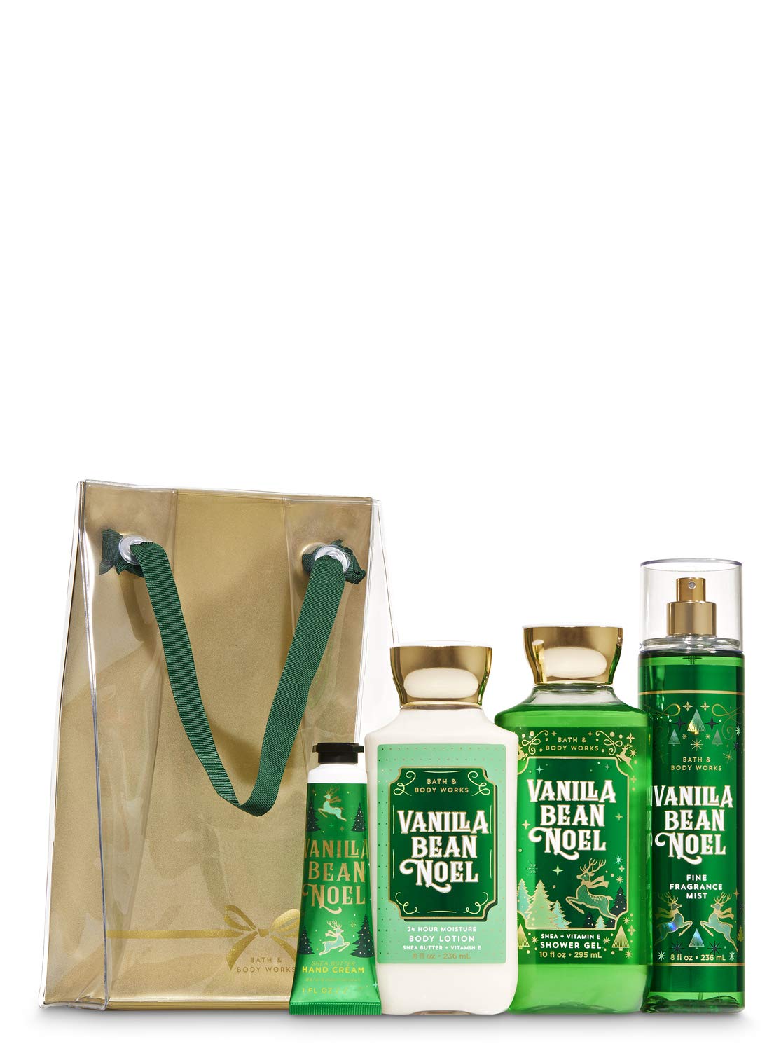 Bath & Body Works Vanilla Bean Noel gift bag with shower gel, lotion, mist, and hand cream pampering.