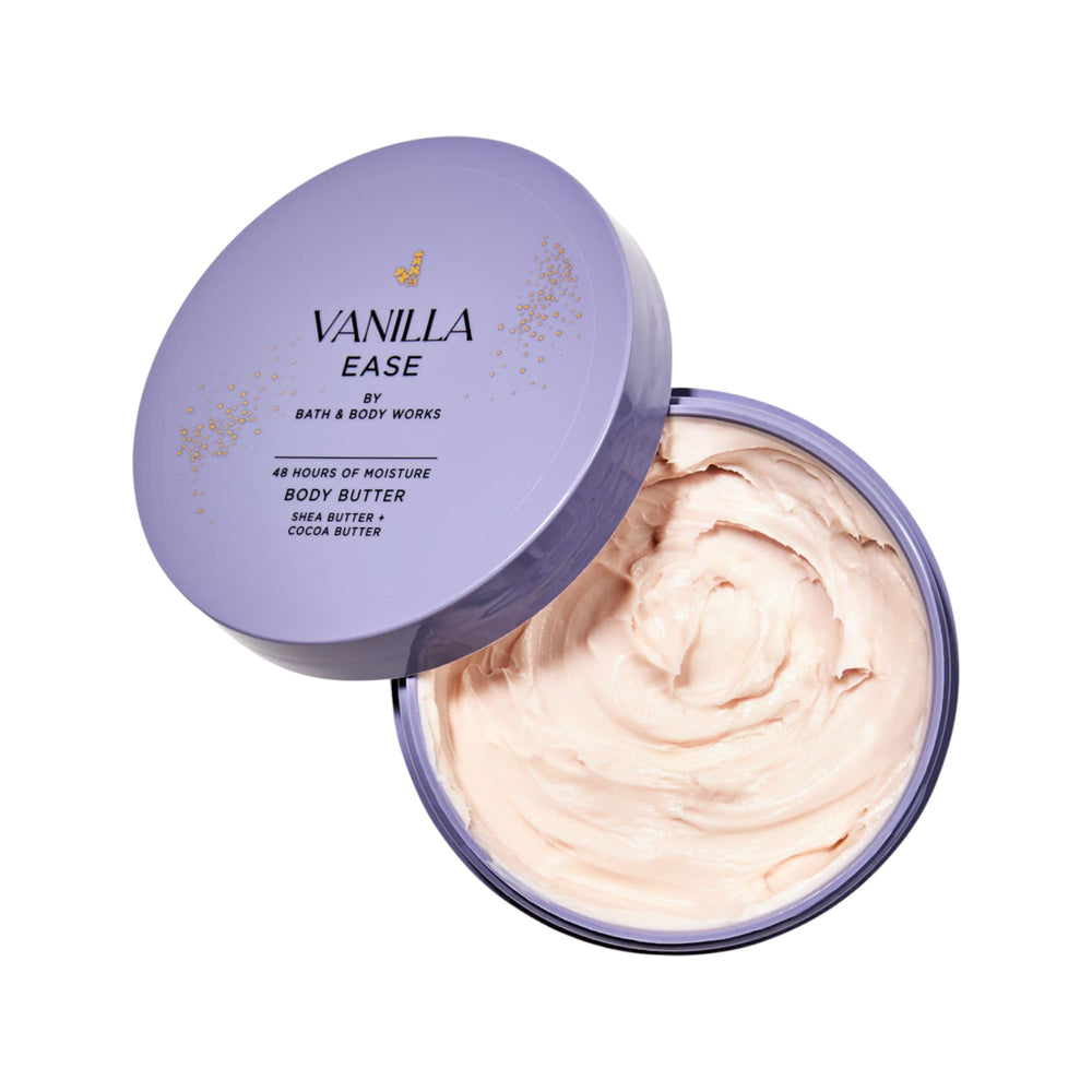 Bath & Body Works Vanilla Ease whipped body butter in the jar provides quick absorption for hydrated skin.