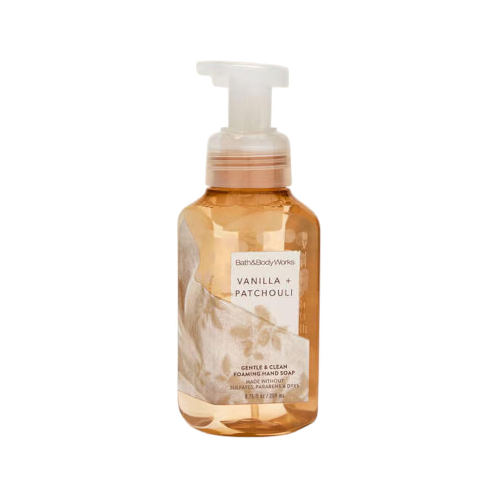 Bath and Body Works Vanilla Patchouli gentle foaming hand soap bottle with soft nourished hands.