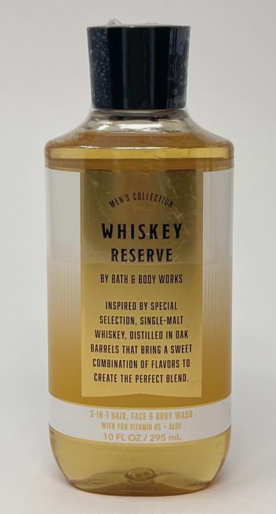 Bath & Body Works Whiskey & Reserve Bourbon bottle highlights 3-in-1 wash for hair, face and body.