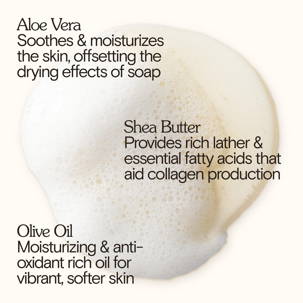 Bathing Culture ingredients close-up with aloe, shea, olive oil for nourishment
