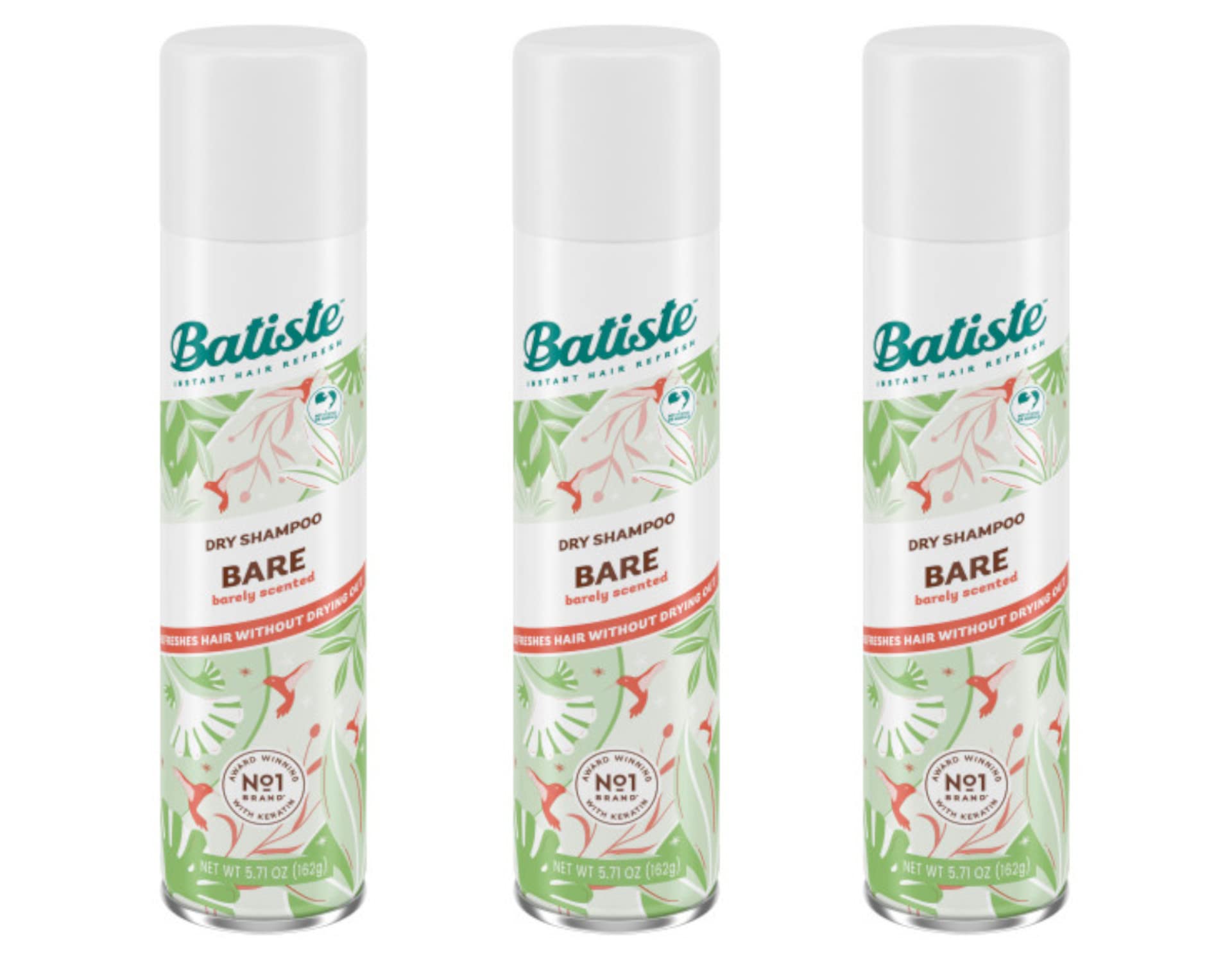 Batiste Bare dry shampoo bottle refreshing roots with light texture.