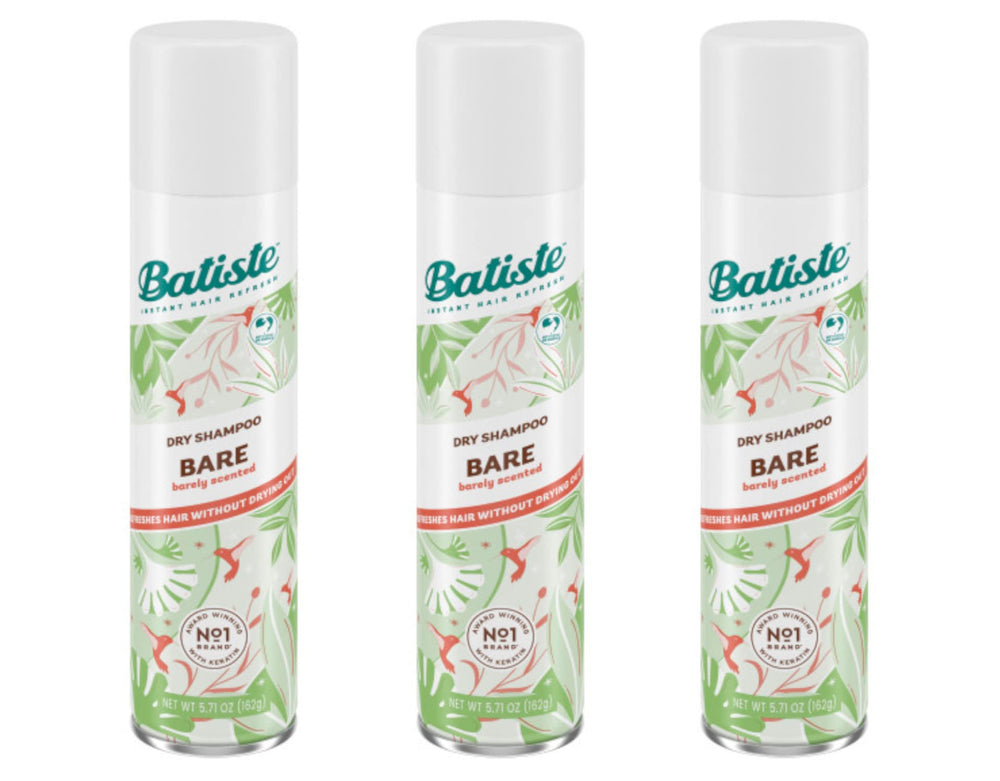 Batiste Bare dry shampoo bottle refreshing roots with light texture.