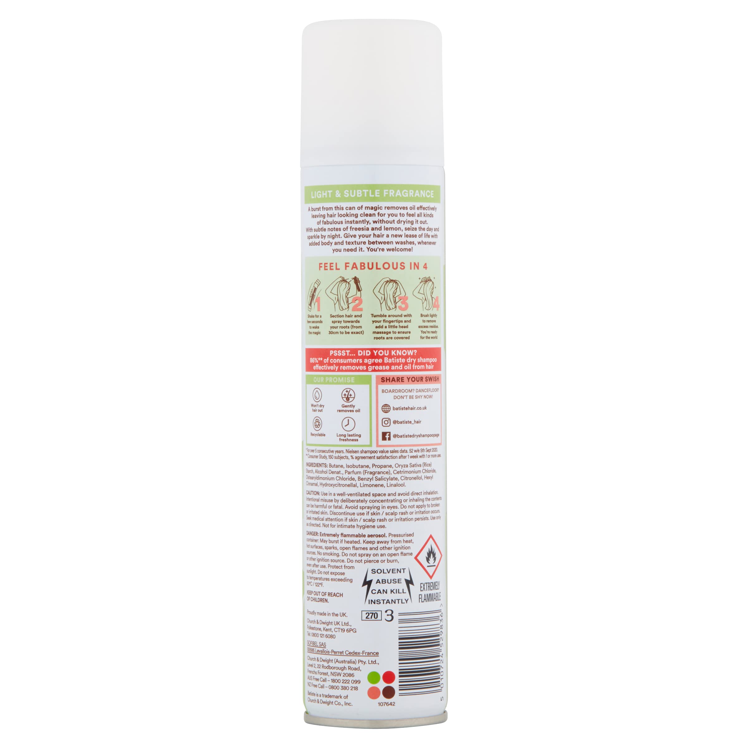 Six-pack of Batiste Bare dry shampoo on display.