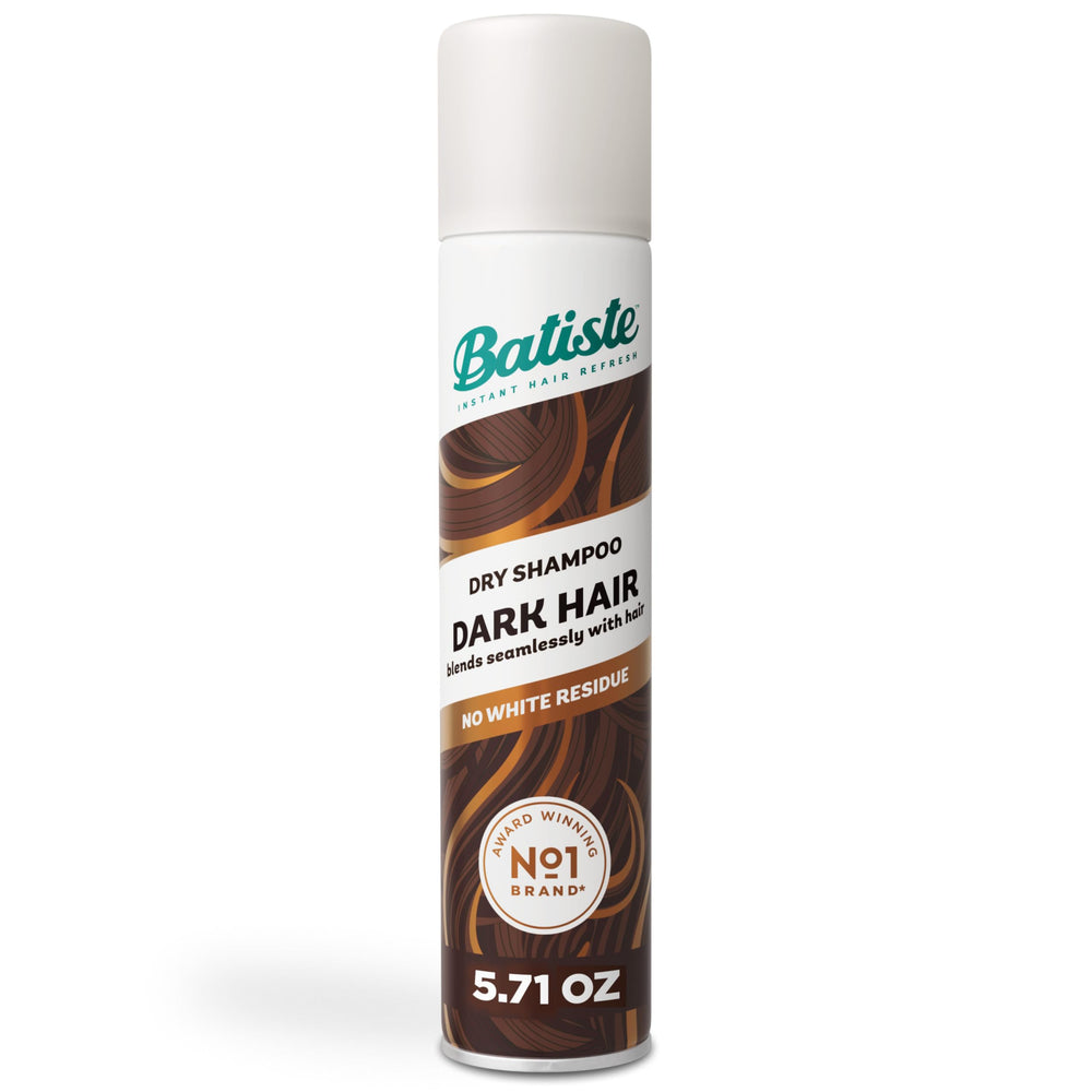 Batiste Dark Dry Shampoo bottle shows tinted formula for brunettes.