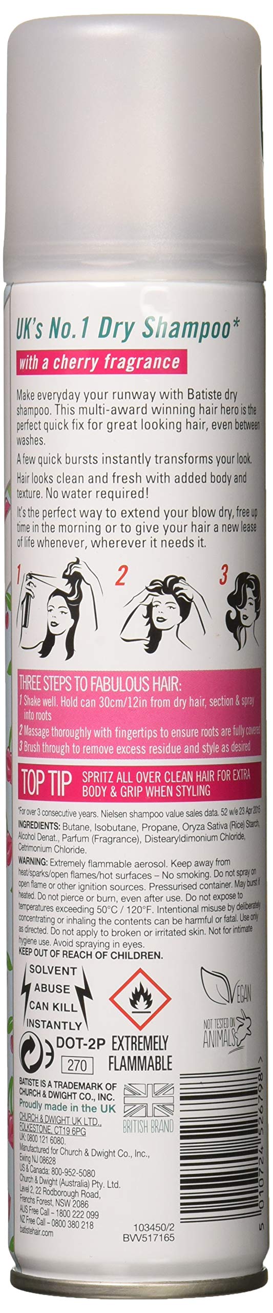 Batiste Dry Cherry spray action demonstrates instant oil removal and texture.