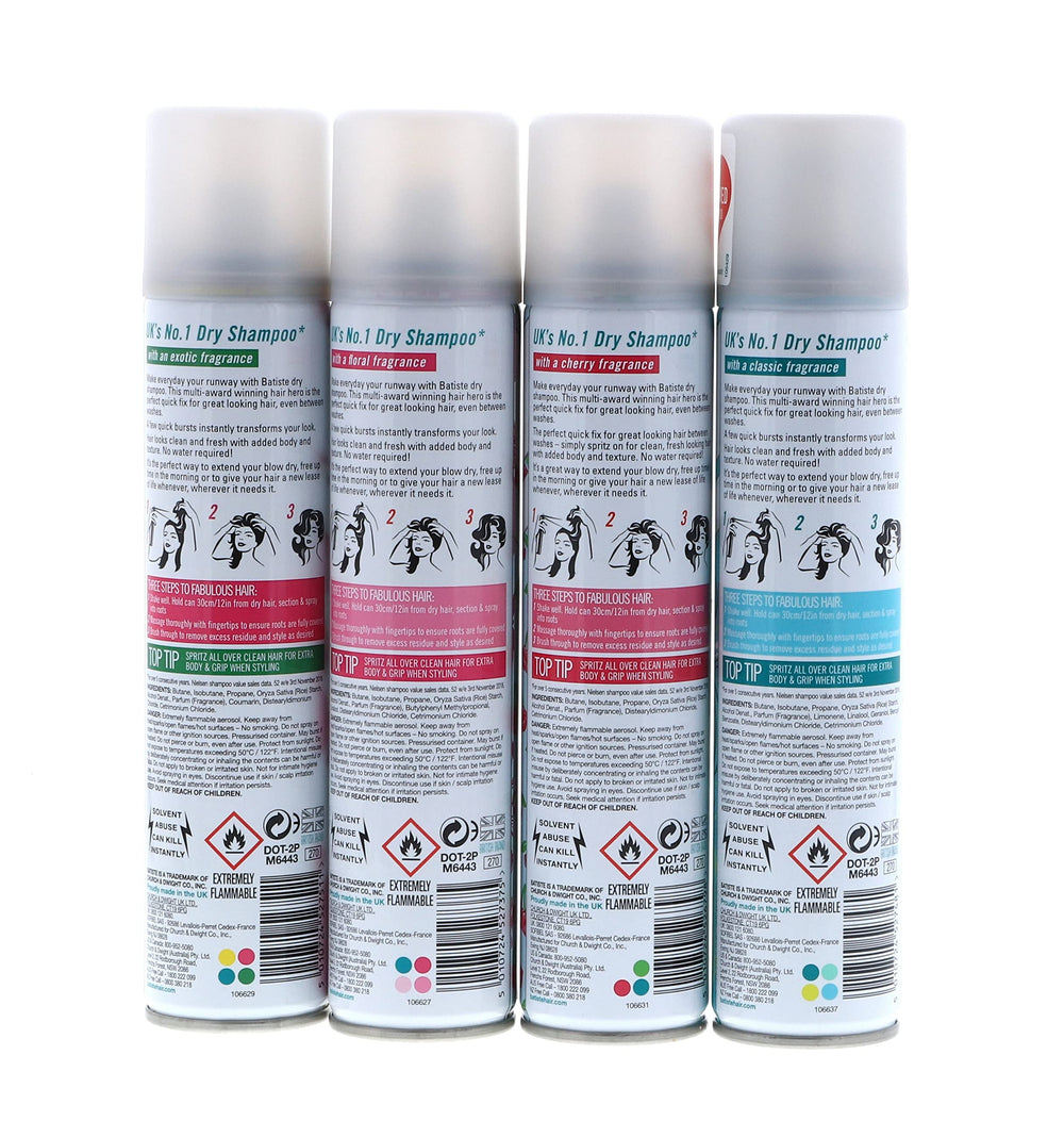 Batiste Dry Shampoo 4-pack box front shows all four scents