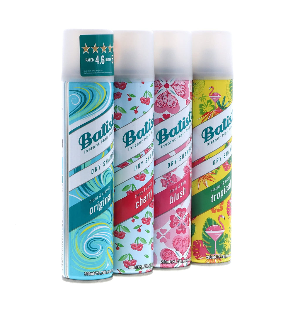 Batiste Dry Shampoo 4-pack displayed on bathroom shelf for quick access