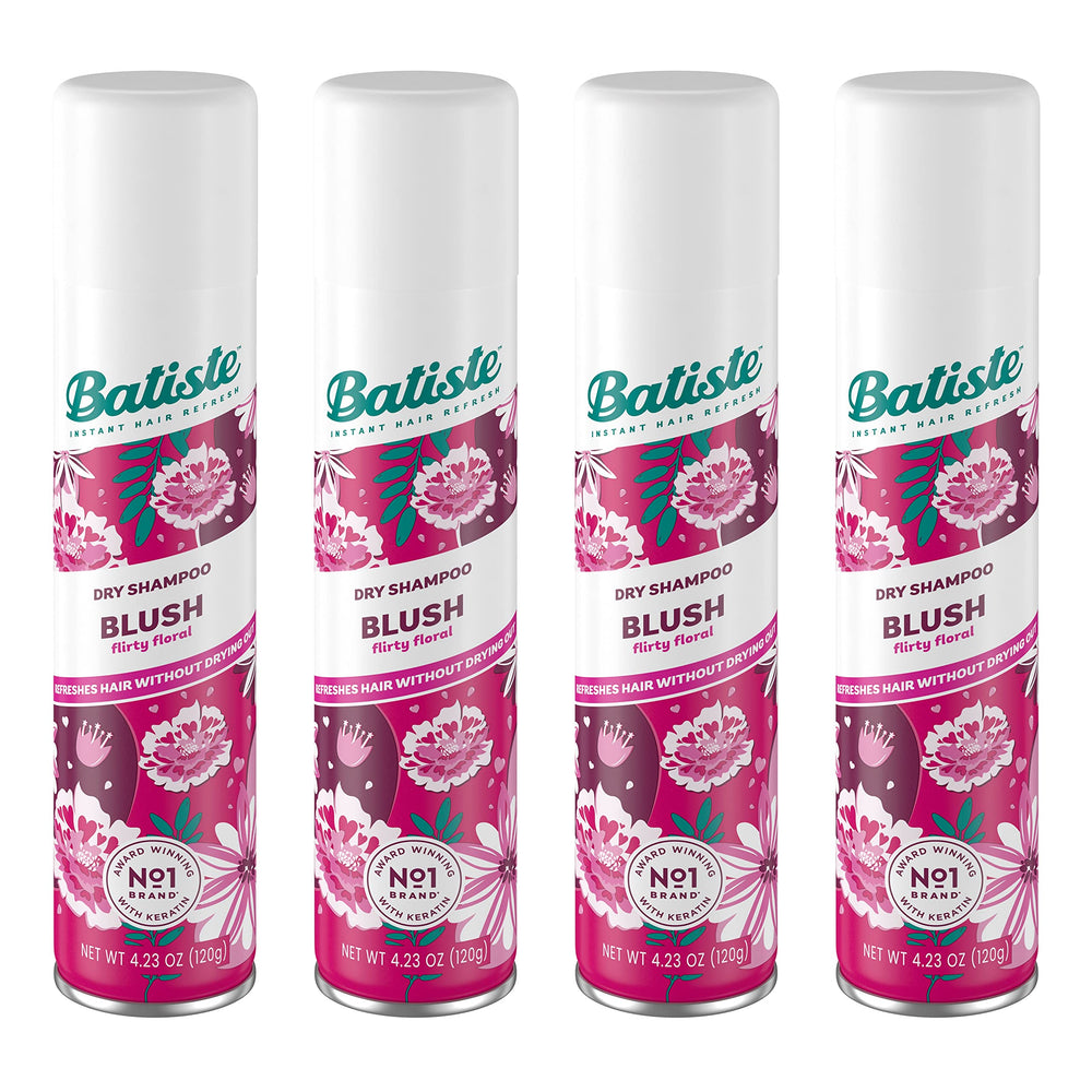 Batiste Dry Shampoo Blush bottle refreshes roots and boosts volume between washes.