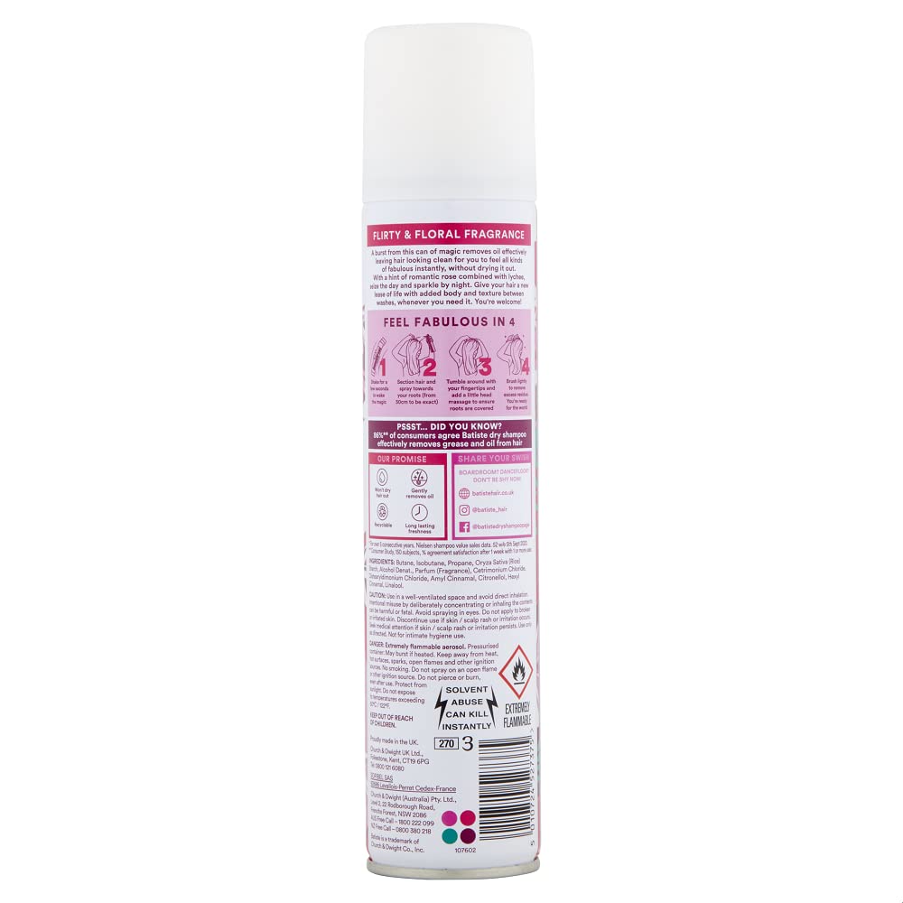 Close-up of Batiste Dry Shampoo Blush fragrance notes on bottle