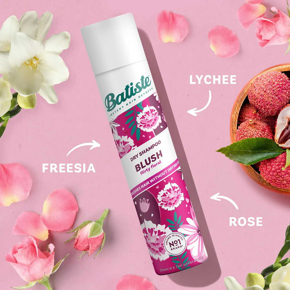 Batiste Dry Shampoo Blush fragrance note image emphasizes floral, flirty scent.
