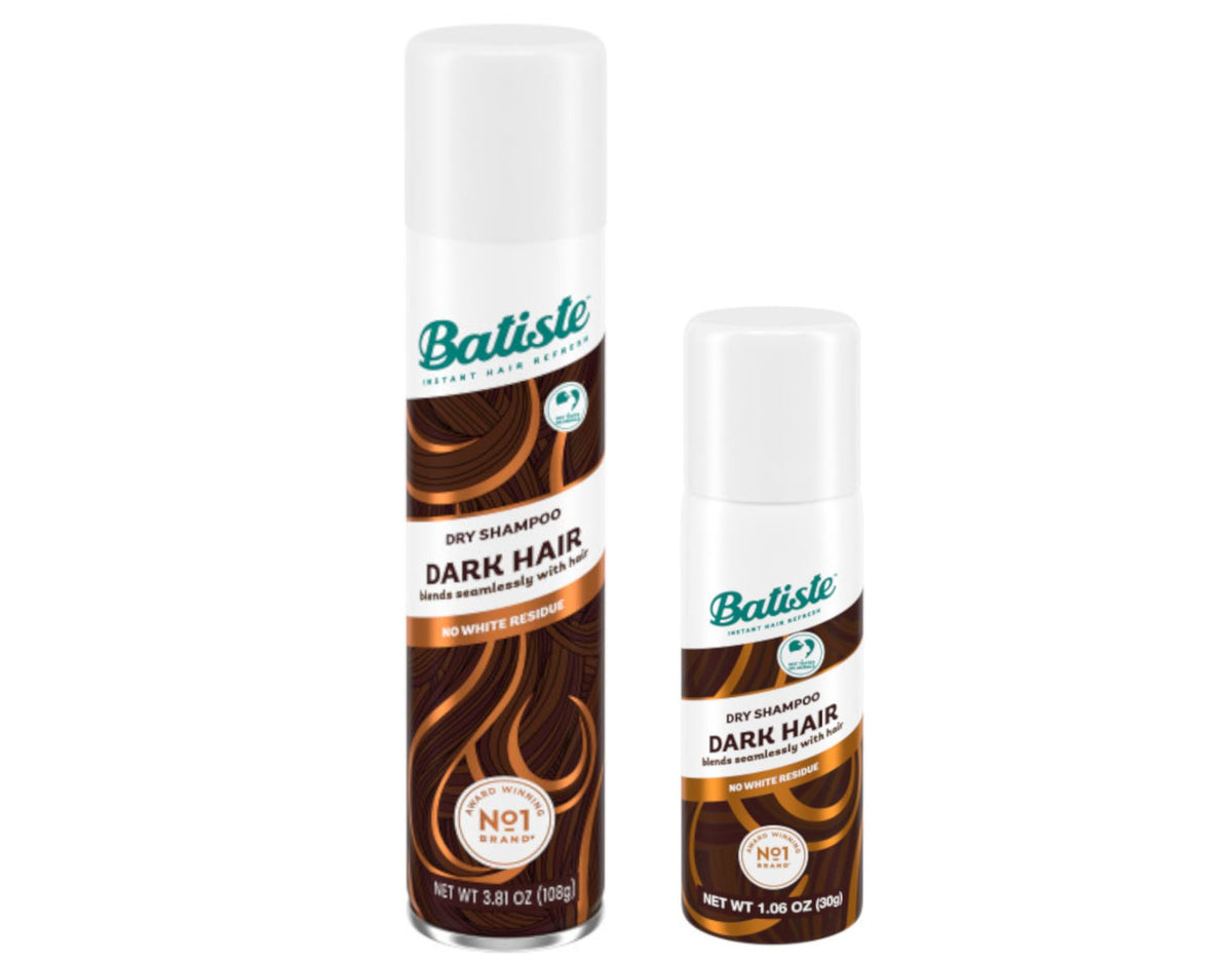 Batiste Dry Shampoo Dark Hair bottle front for quick refresh and added body.
