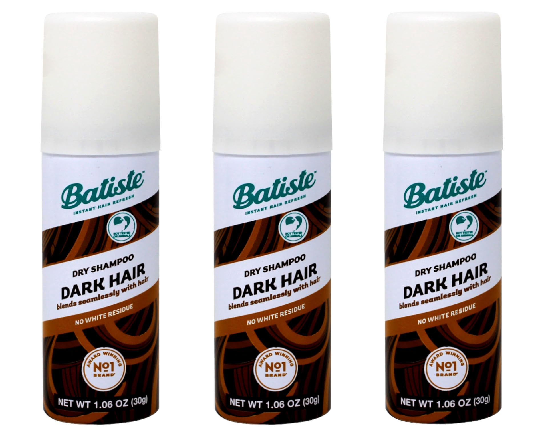 Batiste Dark Dry Shampoo bottle close-up for darker hair with compact 3-pack