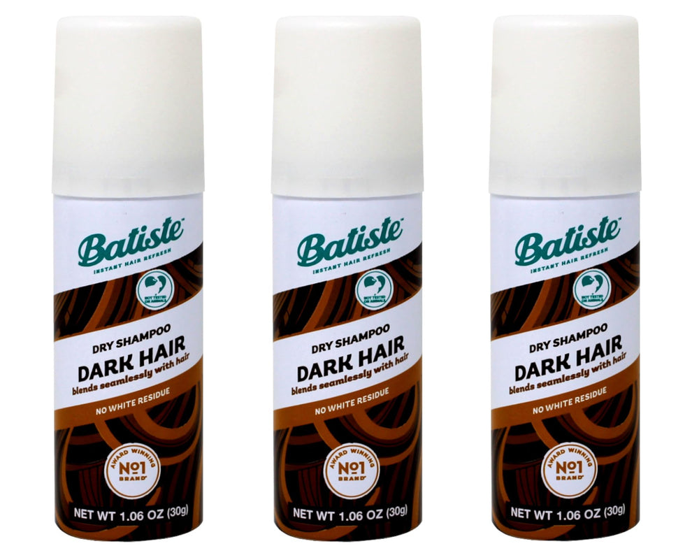 Batiste Dark Dry Shampoo bottle close-up for darker hair with compact 3-pack