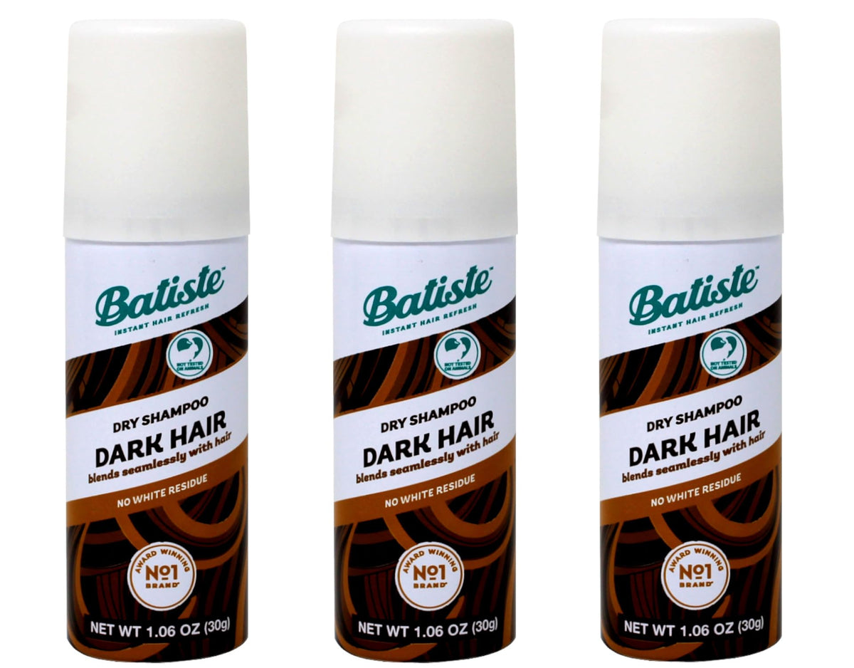 Batiste Dark Dry Shampoo bottle close-up for darker hair with compact 3-pack
