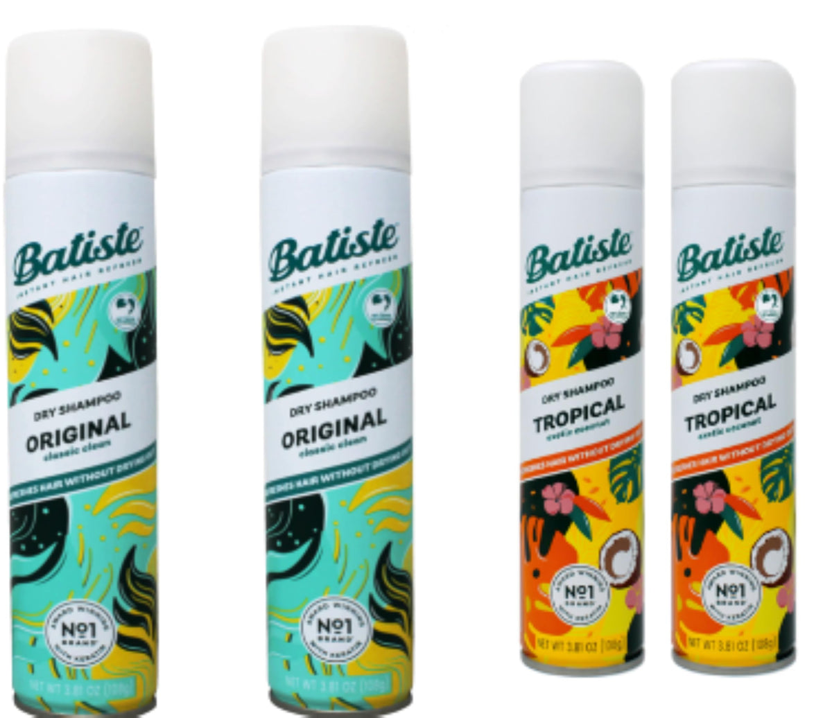 Batiste dry shampoo spray can in four-pack variety for a quick refresh between washes
