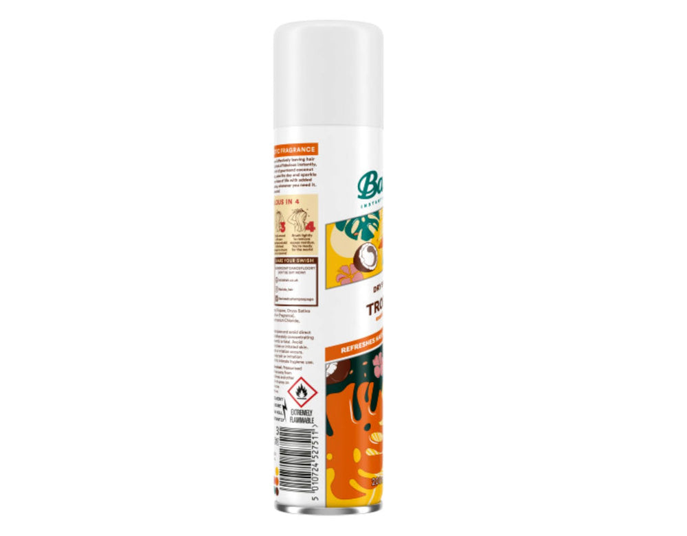 Batiste Dry Shampoo Tropical application spray highlights easy, quick use.