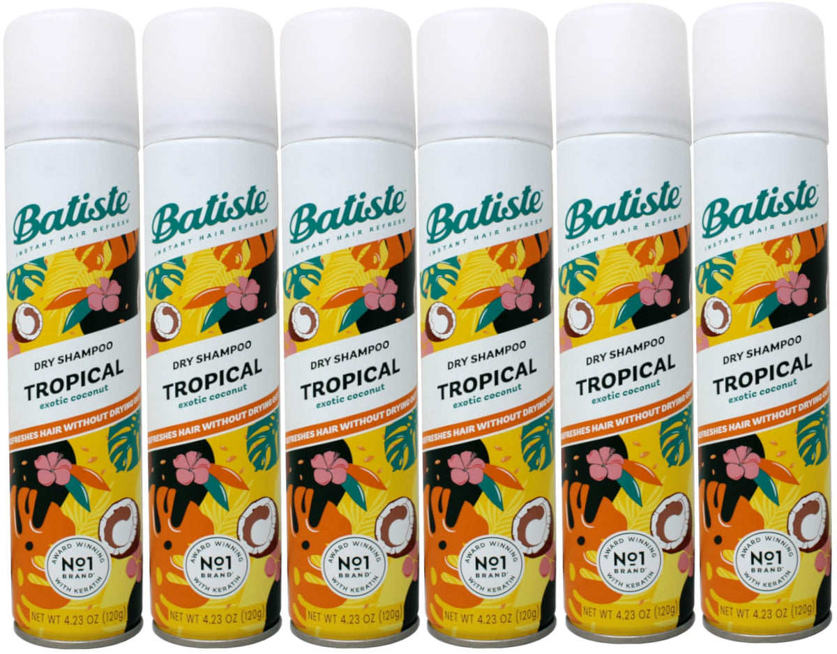 Batiste Dry Shampoo Tropical bottle pour for quick refresh between washes.