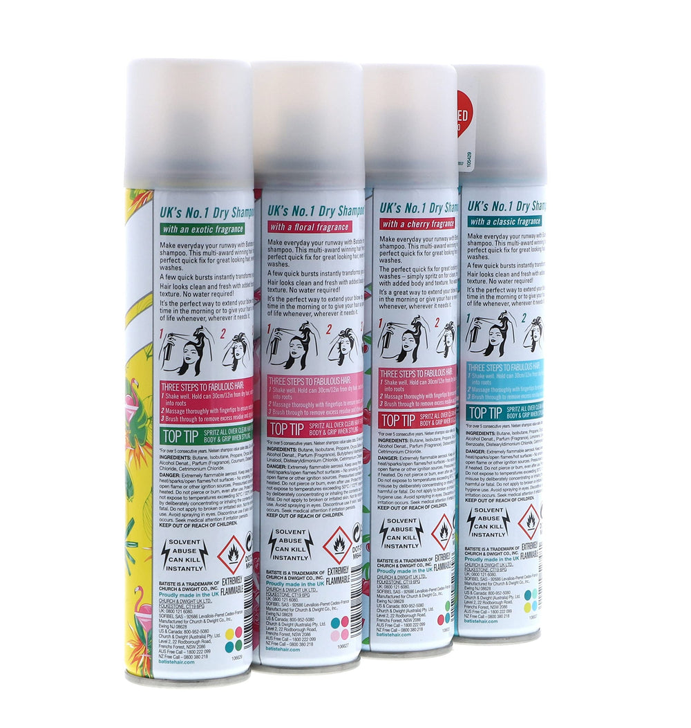 Batiste Dry Shampoo Tropical bottle emits coconut scent with refreshed fullness