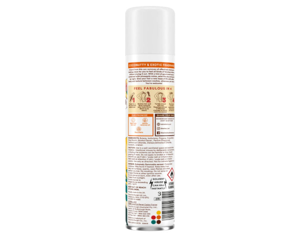 Batiste Dry Shampoo Tropical closeup shows exotic coconut scent details.