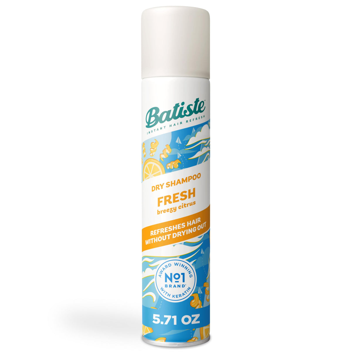 Batiste Fresh Dry Shampoo bottle pouring spray for instant root refresh.