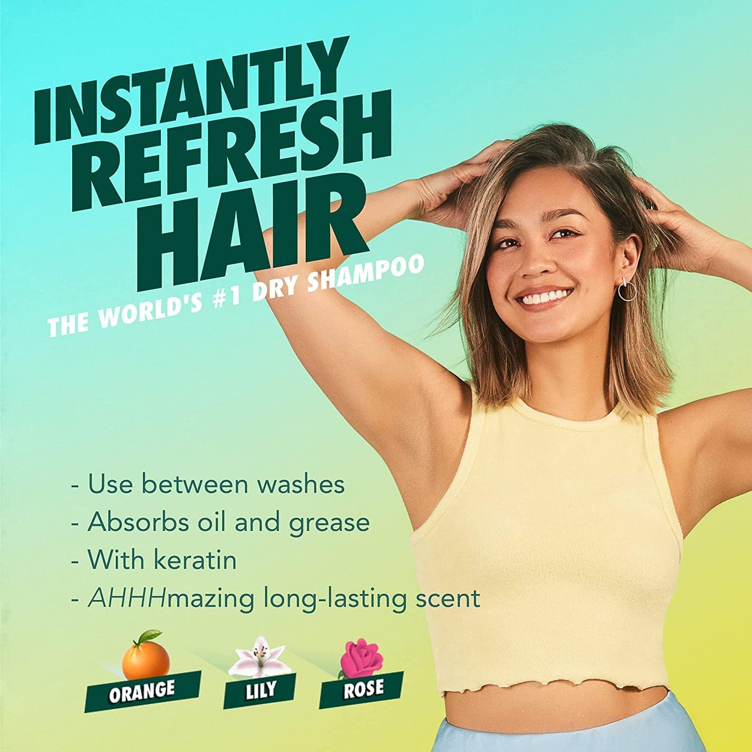 Batiste Original Dry Shampoo bottle pouring onto roots to absorb oil