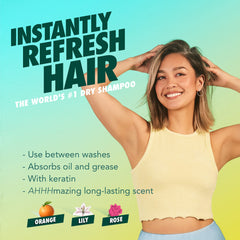 Batiste Original Dry Shampoo spray applied near roots for quick refresh.