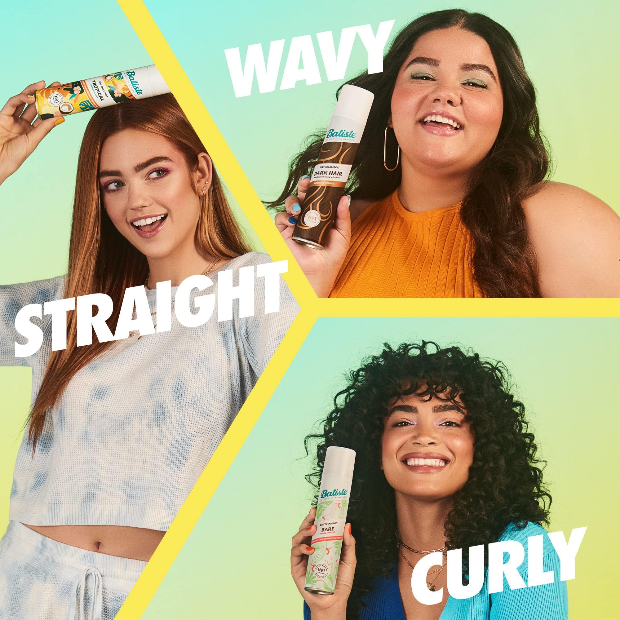 Batiste Tropical Dry Shampoo application steps illustration.