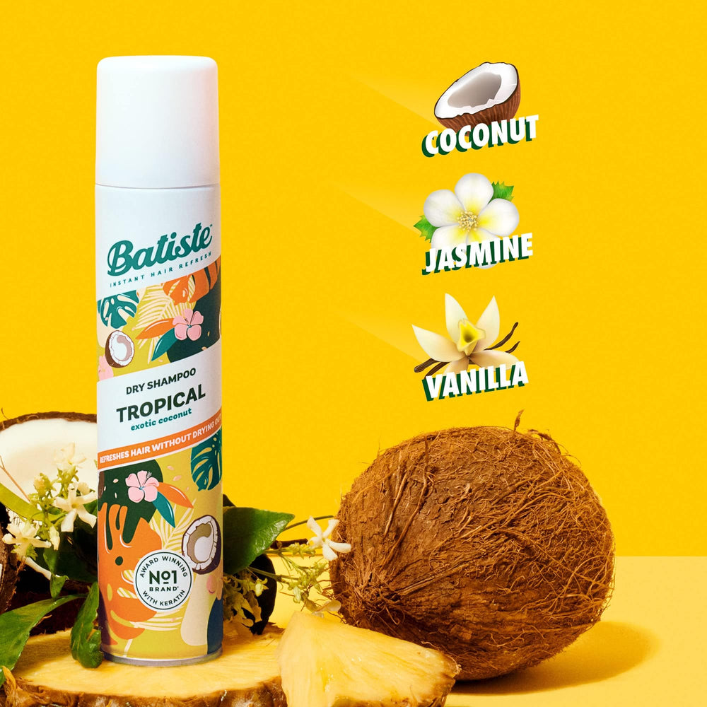 Batiste Tropical Dry Shampoo bottle-top close-up for travel-ready refresh.